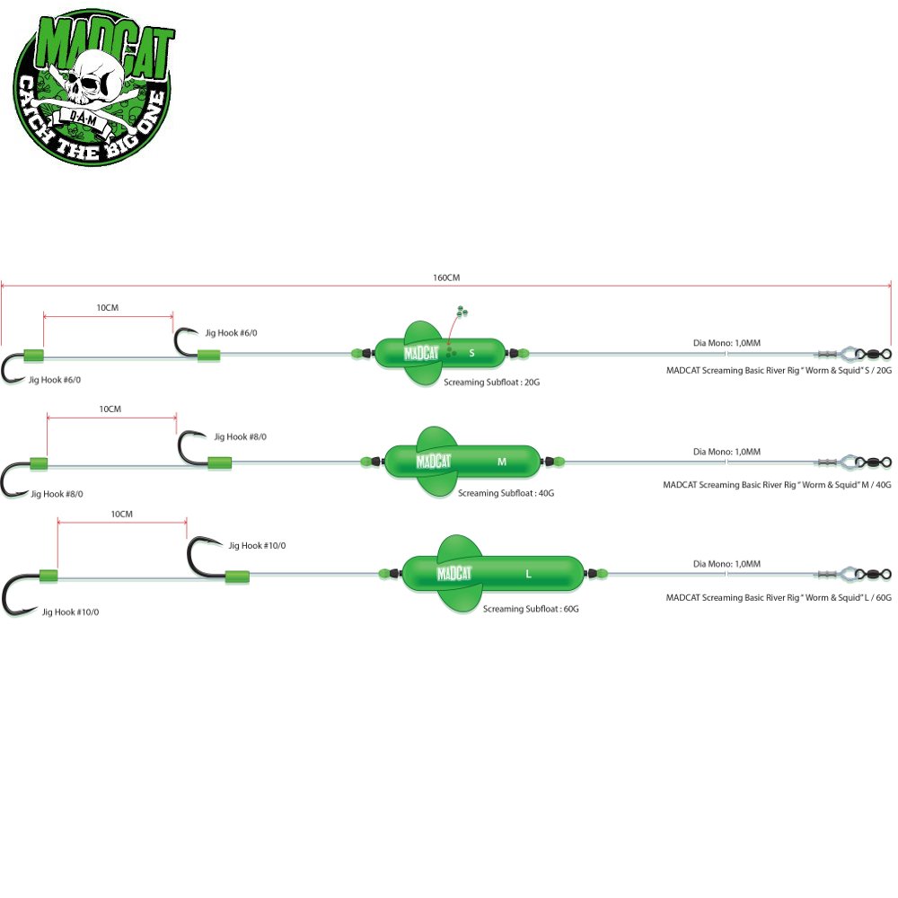 Готовые оснастки на сома MADCAT® SCREAMING BASIC RIVER RIGS «WORM & SQUID» - L. Фото N2 Готовые оснастки на сома MADCAT® SCREAMING BASIC RIVER RIGS «WORM & SQUID» - L. Фото N2